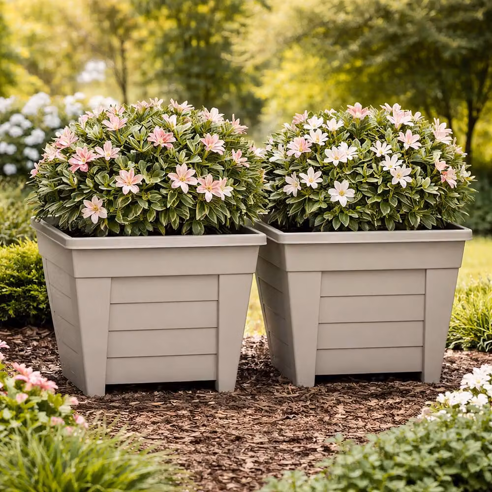 Simpa Grosvenor Square Plastic Garden Planter Tubs, Set of 2, Taupe, Diameter: 38 cm – 3