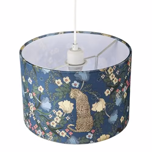 Happy Homewares Midnight Blue Fabric Cylinder Lampshade with Leopard and Botanical Foliage Design in Blue, Green, Pink and White – 3