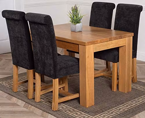 Oak Furniture King Dakota Solid Oak 4 Seater Dining Set with Washington Black Fabric Upholstered Chairs, Natural Finish, W: 127 cm, D: 82 cm – 1