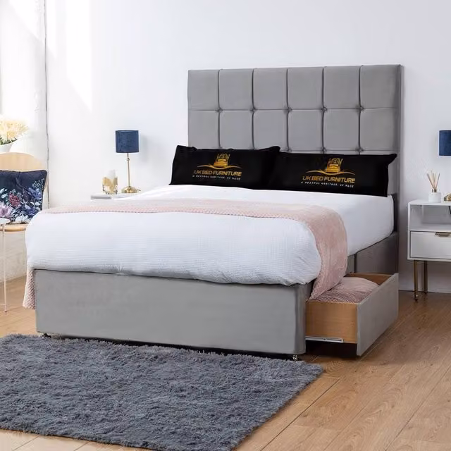 UK Bed Furniture Florence Grey Fabric Upholstered Divan Bed with 2 Drawers, W/D/H: 140 x 200 cm