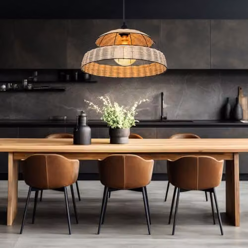 Globo Lighting Boho Rattan and Metal Cylinder Pendant Light, Black, Diameter: 40 cm, Height: 102 cm – 3
