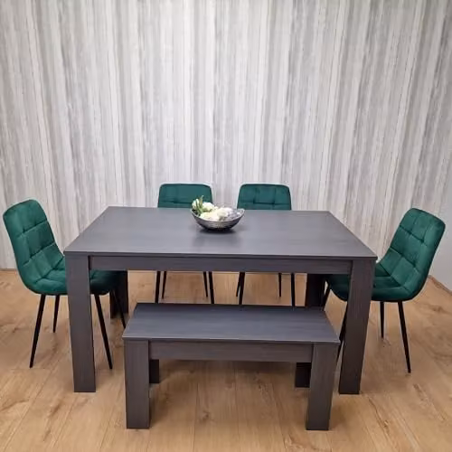 KOSY KOALA Modern 6 Seater Dining Set with Rectangular Grey Table, 4 Green Velvet Chairs and 1 Bench, W/D/H: 140 x 80 x 75 cm