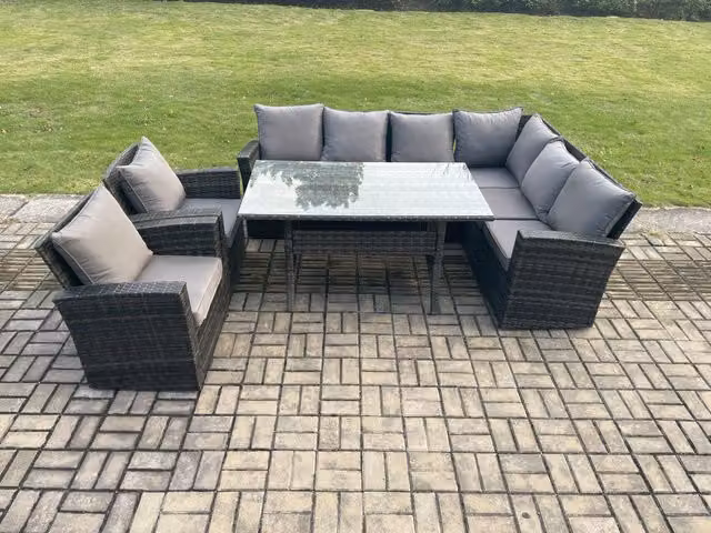 Fimous 8 Seater Garden Rattan Furniture Set with Corner Sofa, Dining Table and Chairs in Dark Grey