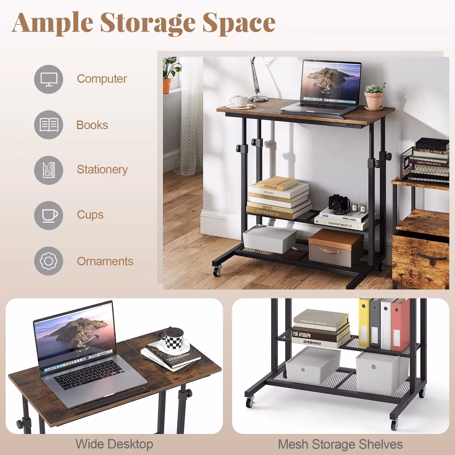 Gymax Height Adjustable Mobile Standing Desk with Tilting Tabletop and Shelves in Brown – 7
