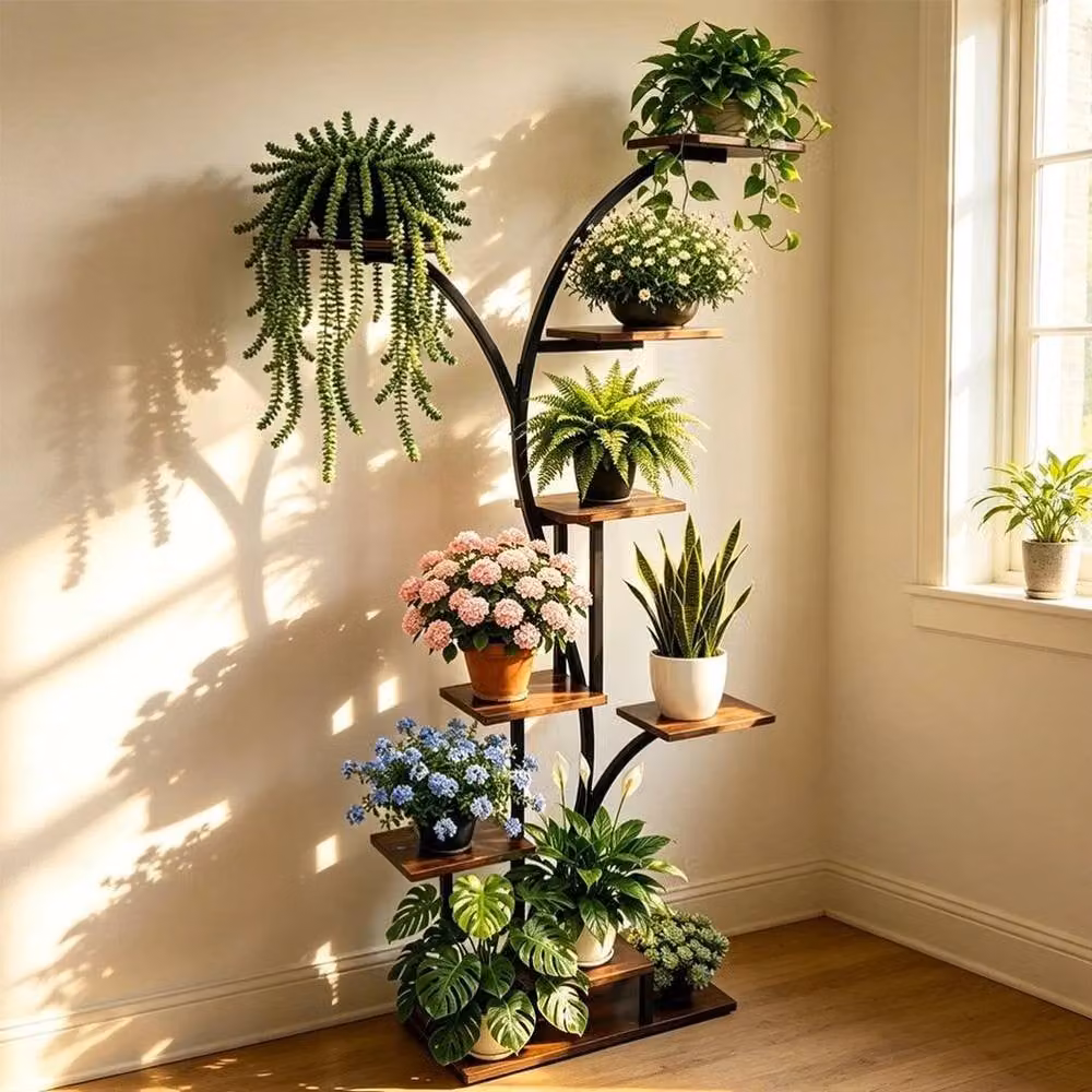 EONLION Industrial Metal and MDF Plant Stand Flower Potted Holder in Brown and Black, H 165.0 cm x W 60.0 cm x D 8.0 cm – 3
