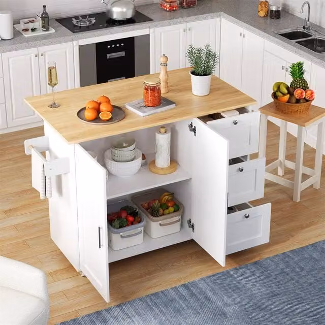 BTM Rolling Kitchen Island with Foldable Top, 3 Drawers and 2 Doors in White and Silver, H 90 x W 70 x D 70 cm