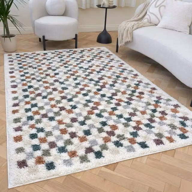 The Rugs Moodi Checkerboard Patterned Shaggy Rug in Multicolour and Beige