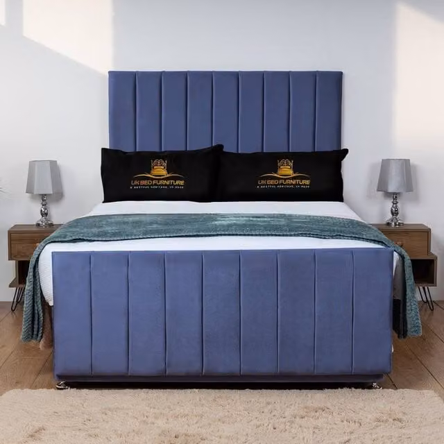 UK Bed Furniture Hampton Divan Bed Base with 26 Inch Headboard in Blue Velvet, Super King, W/D: 200 x 200 cm