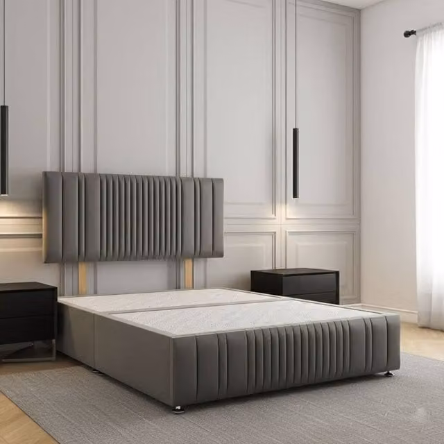 Regional Furnishings Plush Velvet Small Double Divan Bed with 24 inch Headboard and Footboard in Grey, W/D/H: 120 x 200 cm