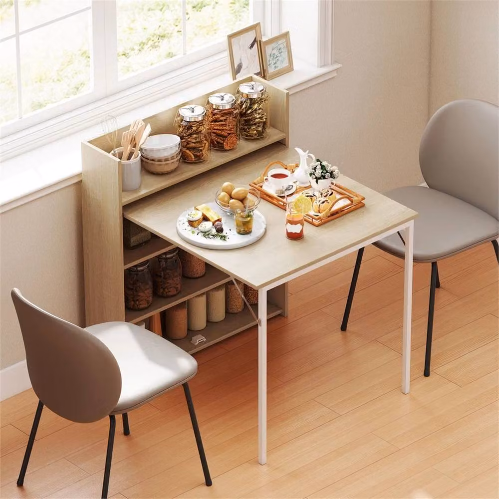 EONLION Folding Dining Table with Shelves in Natural Brown and Beige – 2