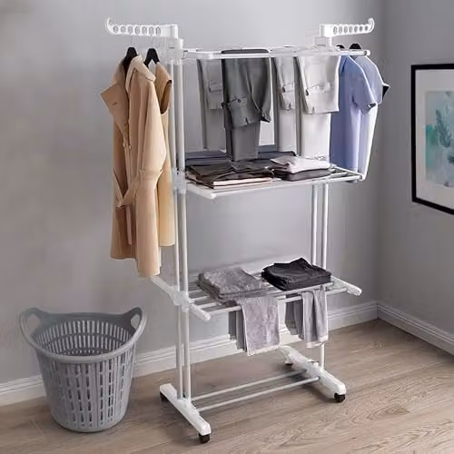 Neo 4 Tier Folding Clothes Horse Drying Rack with Side Wings and Wheels, Stainless Steel, White – 2