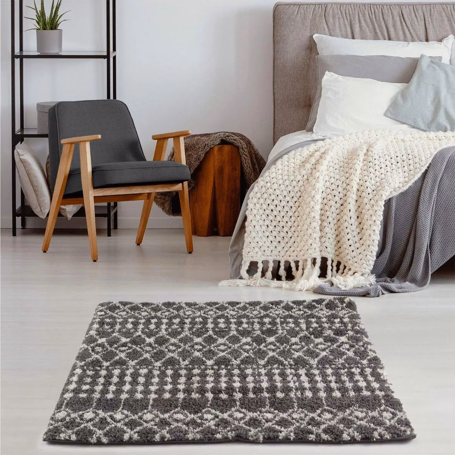 THE RUGS Moroccan Soft High Pile Shaggy Tribal Square Rug, Dark Grey, W/D/H: 120 x 120 x 3 cm – 3
