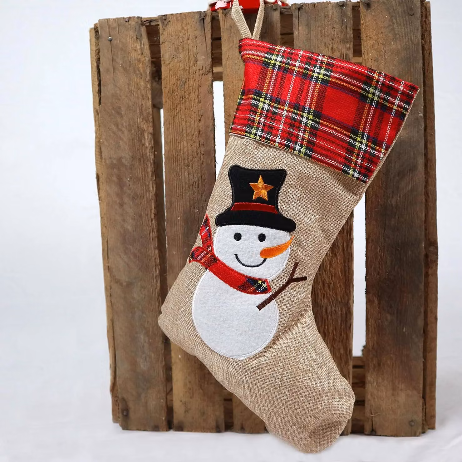 Shatchi Brown Snowman Christmas Stocking, Rustic Burlap Hessian Hanging Sack, W/H: 26 x 25 cm – 11