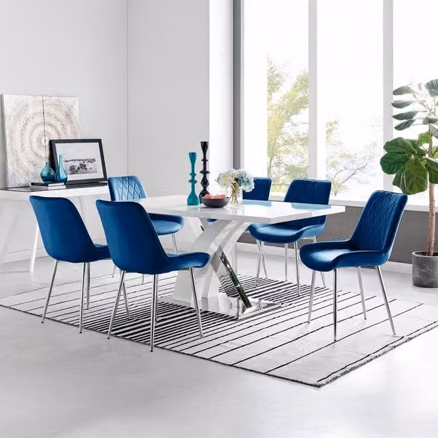 FurnitureboxUK Atlanta White Dining Table and 6 Pesaro Silver Leg Chairs in Navy Blue – 1