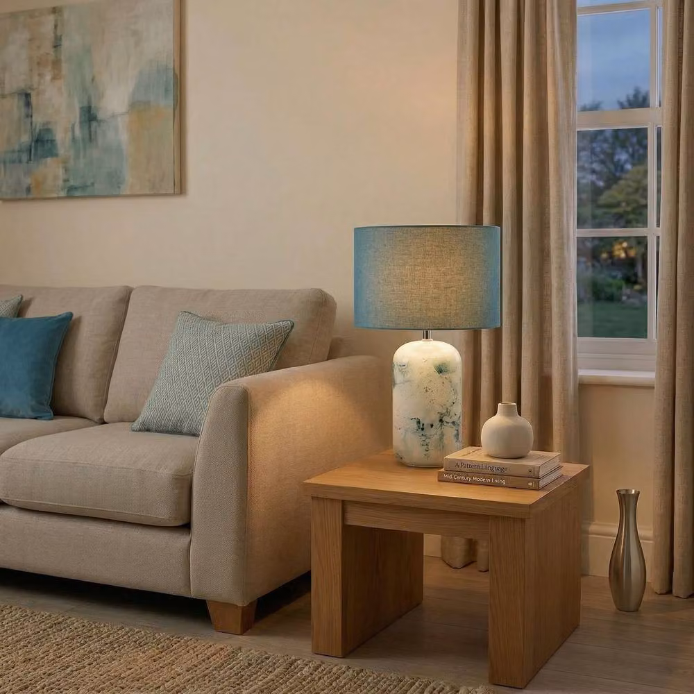 Happy Homewares Modern Marble Drip Snowflake Glass Table Lamp with Linen Shade in Petrol Blue, H 46 cm x W 30 cm x D 30 cm – 4