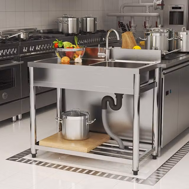 Livingandhome Stainless Steel Commercial Kitchen Sink with Shelf and Backsplash Drainer in Silver, Left-Handed