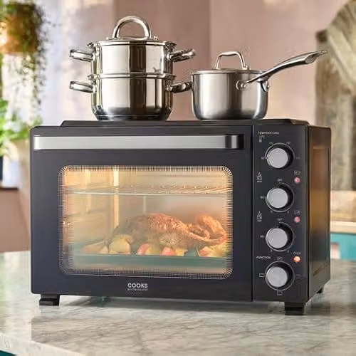 Cooks Professional Mini Portable Oven with Ceramic Hobs, 34L Capacity, Black and Silver – 2