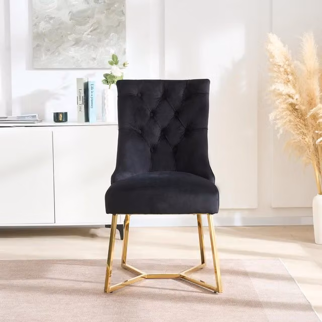 Life Interiors Ambra Modern Velvet Dining Chairs with Gold Metal Legs and Ring Handle Tufted Detail, Black (Set of 2)