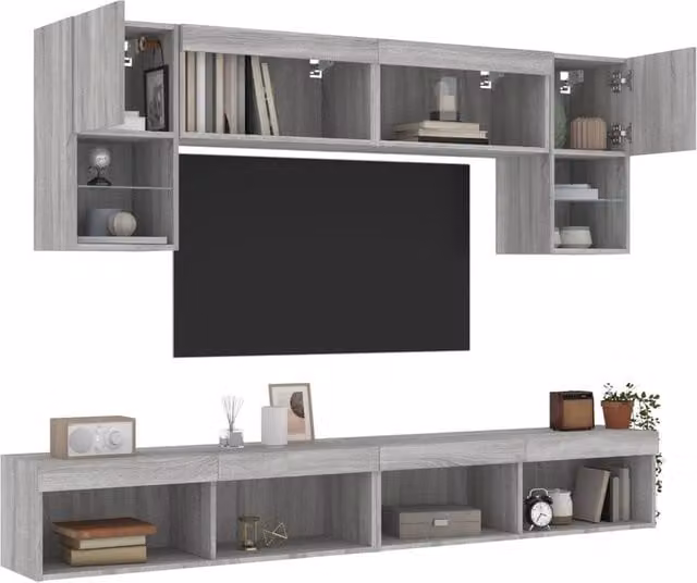 Berkfield Home 6 Piece Modern TV Wall Unit Set with Integrated LED Lighting in Grey Sonoma Matt Finish – 1