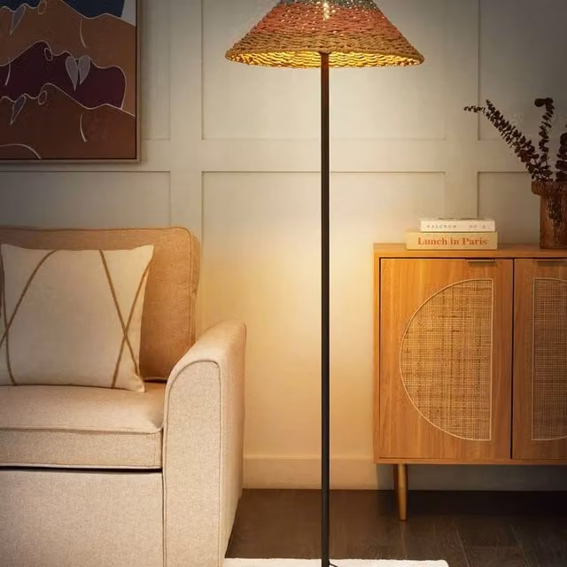 Wyld and Coco Boho Floor Lamp with Beige Paper and Rattan Shade and Blue Accents
