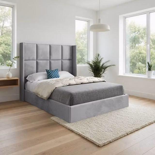KDMD Sproatley Winged Upholstered Designer Bed Frame in Grey Soft Velvet, W/D/H: 144 x 140 x 200 cm