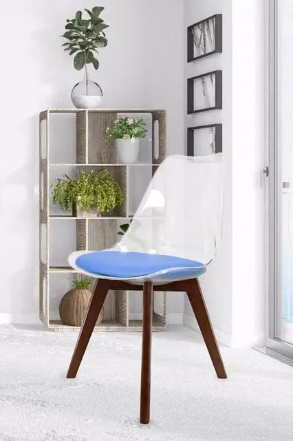 Fusion Living Soho Blue Transparent Plastic Dining Chair with Dark Wood Legs – 1