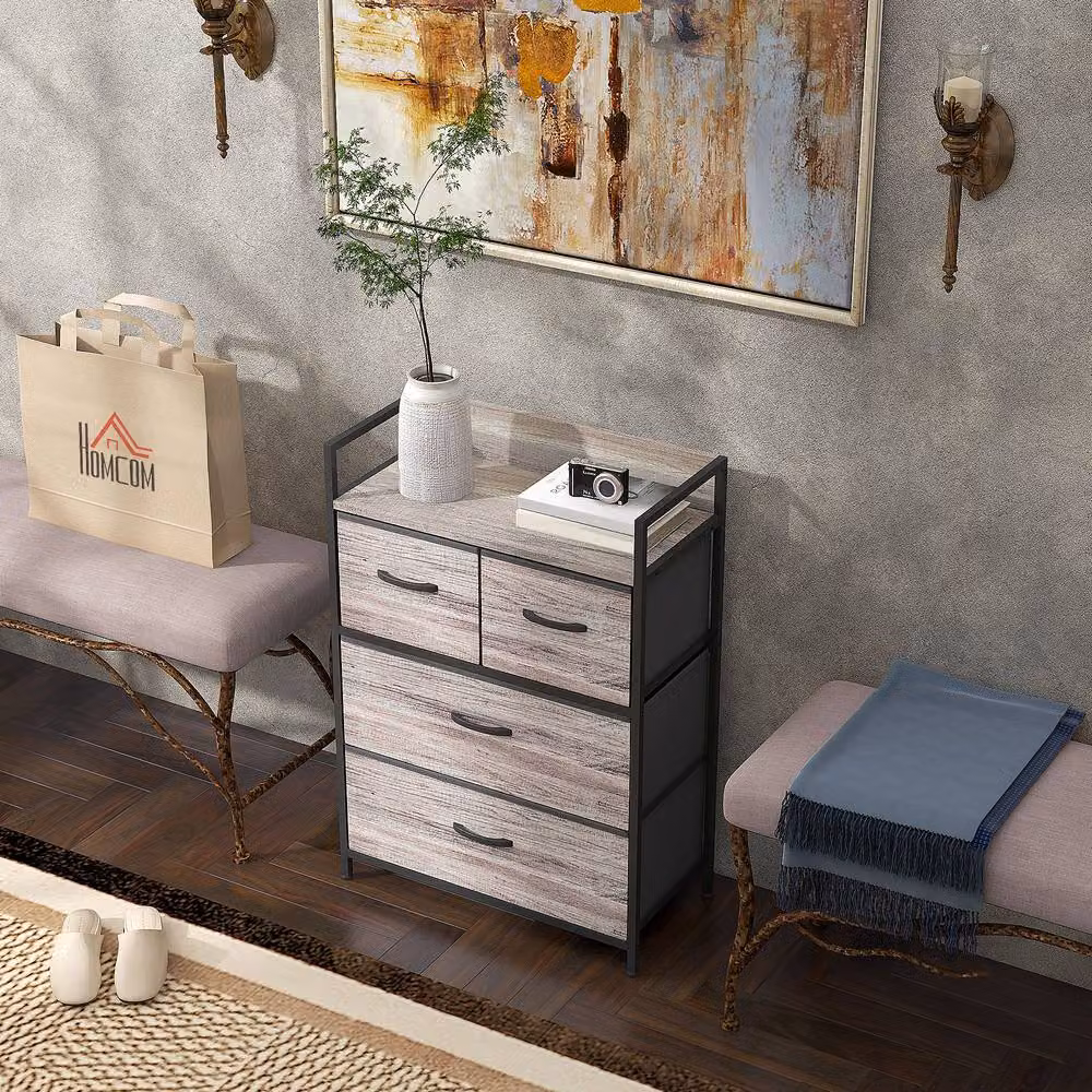 ERGOVEXA Rustic Chest of Four Fabric Drawers in Grey Wood Effect – 4