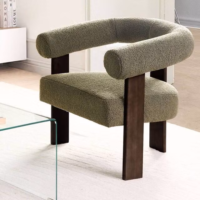 Wyld and Coco Green Boucle Tub Armchair with Retro Dark Brown Rubberwood Legs, W/D/H: 77 x 68 x 76 cm