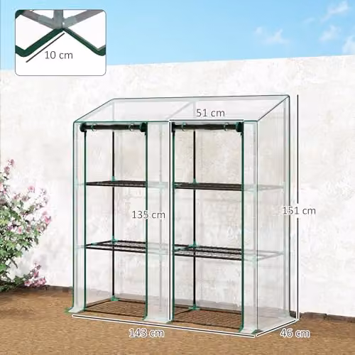 Outsunny Lean-to Mini Greenhouse with 3 Tiers and Roll-up Doors, Transparent, W/D/H: 143 x 46 x 151 cm – 5