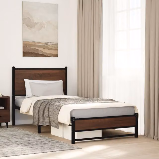Berkfield Home Metal Bed Frame in Brown Oak, W/D/H: 90 x 190 cm, Single