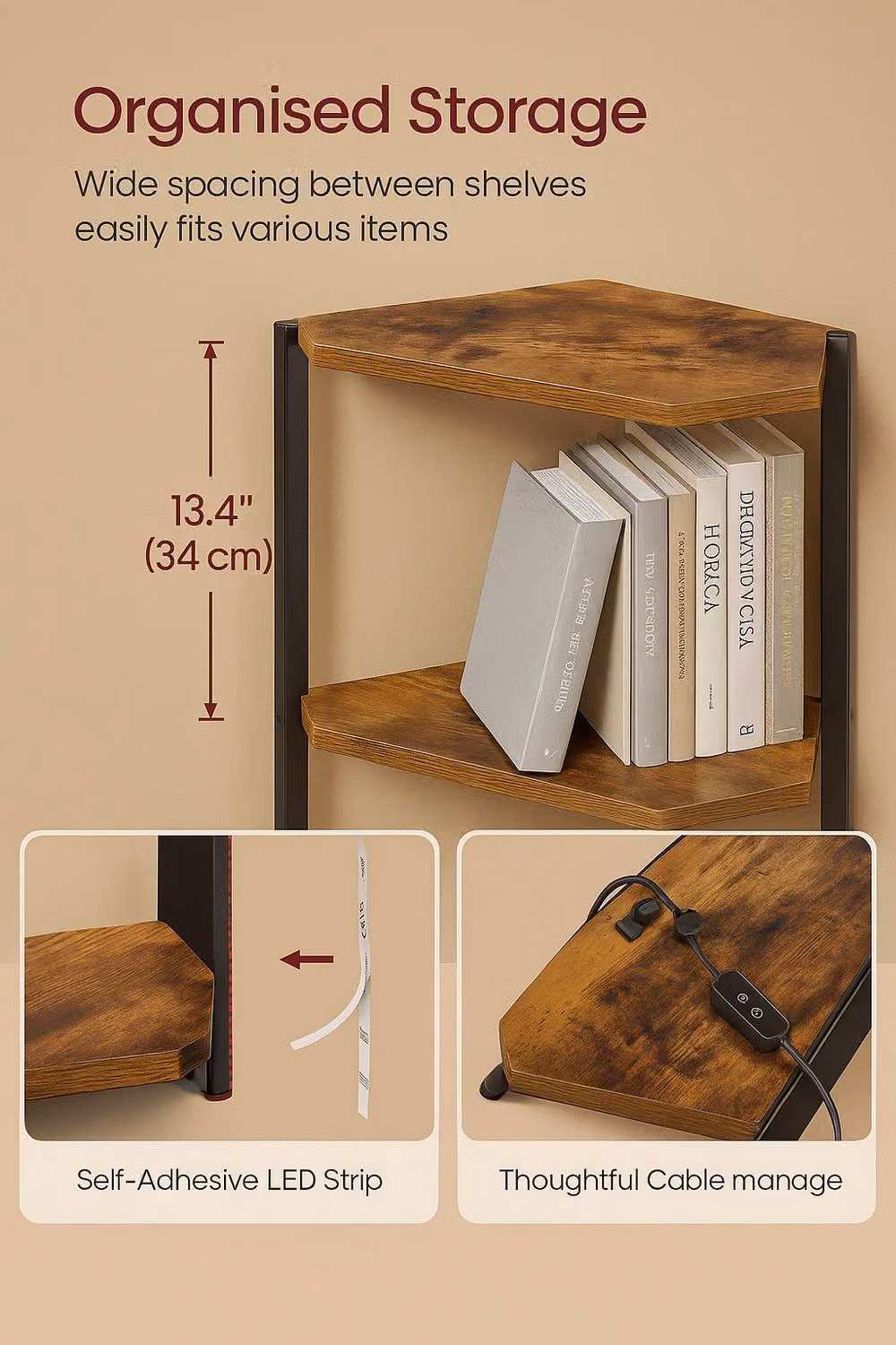 Pirlo Plush Industrial 5 Tier Free-Standing Corner Shelf with Integrated LEDs in Rustic Brown – 3
