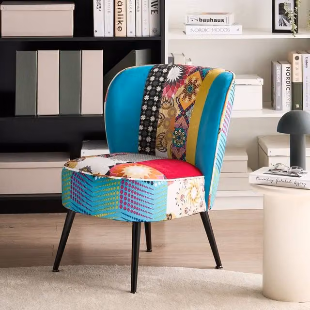 Wyld and Coco Blue Patchwork Armless Accent Chair with Metal Legs and Geometric Design