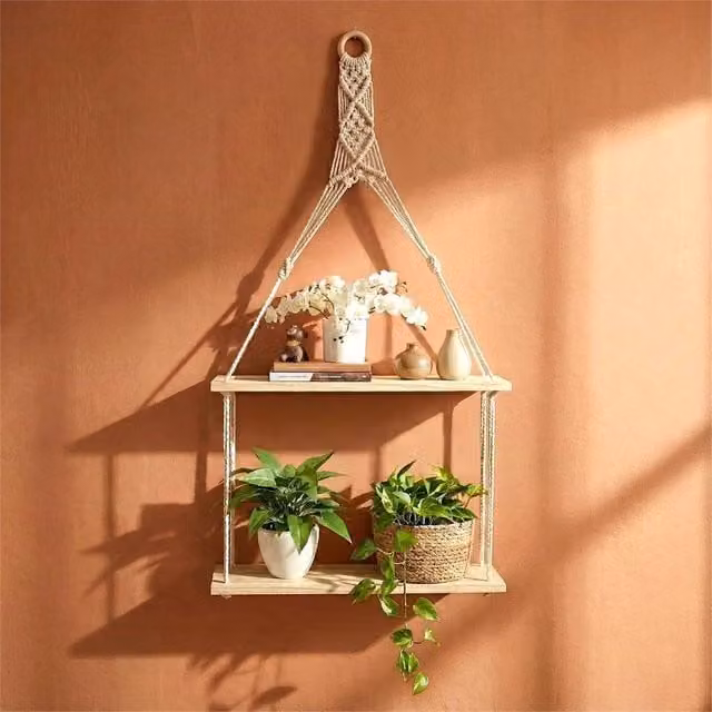 Havendro 2 Tier Macrame Hanging Shelf in Beige Wood for Boho Wall Decor