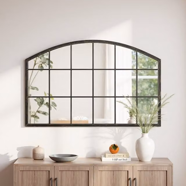 Lifeideas Arched 18-Grid Vintage Window Wall Mirror with Metal and Glass Frame in Bronze