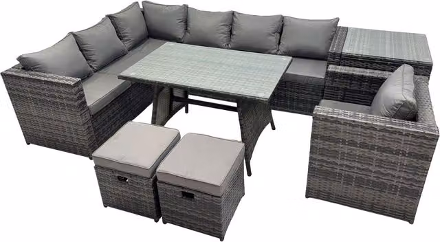 Fimous 9-Seater PE Rattan Outdoor Sofa and Dining Set in Dark Grey Mixed