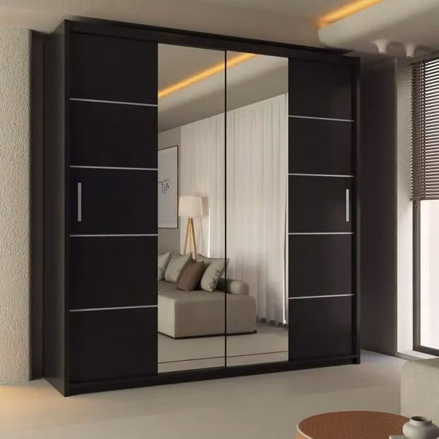 Sliding Wardrobes 4U Ribon Mirror Sliding Door Wardrobe in Black, W/H: 203 x 217 cm – 1