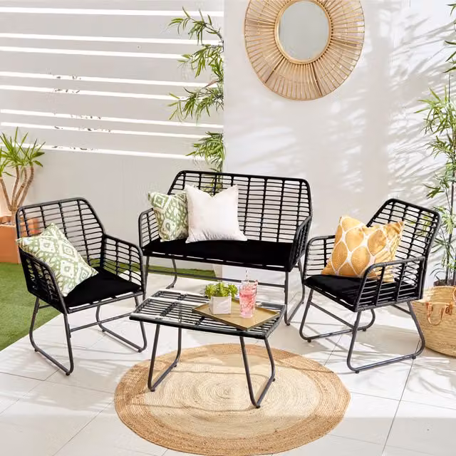 Neo Bamboo Style 4 Piece Garden Sofa, Table and Chairs Set in Black and Grey