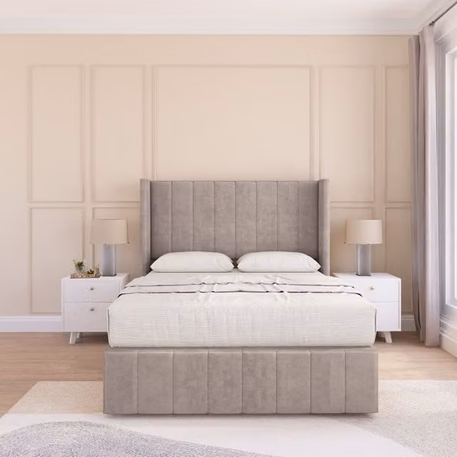 Sloomy Melbourne Plush Wingback Bed Set in Stone with 54 inch Floor Standing Headboard, King Size, W/D/H: 180 x 200 cm