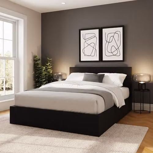GFW Small Double Black Upholstered Ottoman Bed Frame with Hydraulic Lift and Stitched Headboard, W/D/H: 120 x 200 x 39 cm – 2