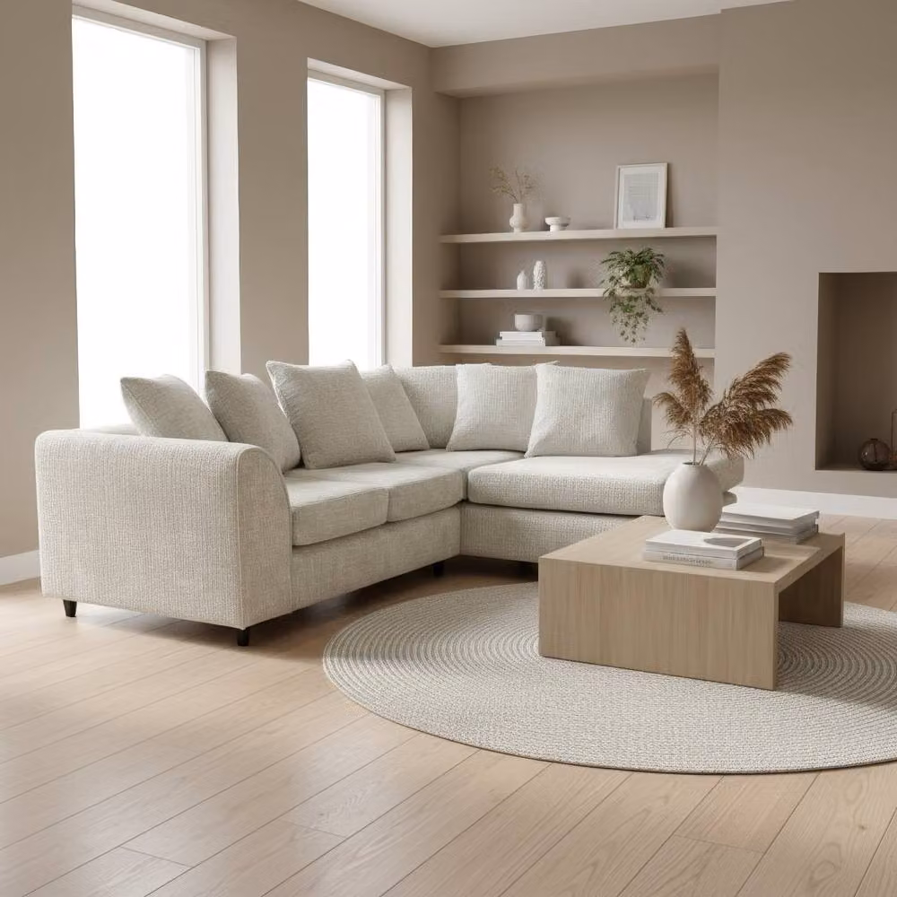Abakus Direct Jumbo Chenille L-Shaped Corner Sofa with Right Hand Facing Chaise in Beige – 2