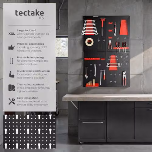 tectake 4-Panel Metal Pegboard Wall-Mounted Tool Organiser with Hooks and Holders in Black and Red – 2