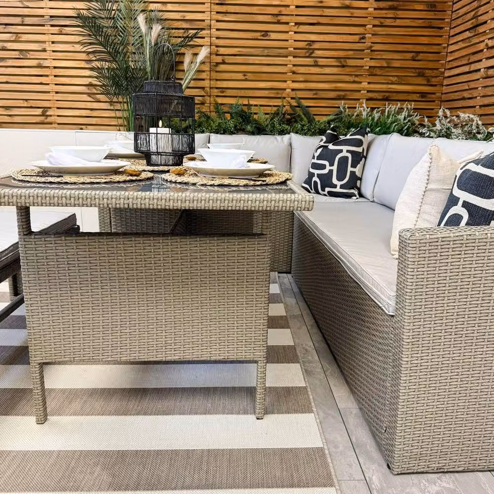 Modish Furnishing Vegas 9 Seater Light Grey Rattan Corner Dining Set with Bench and Scatter Cushions – 2
