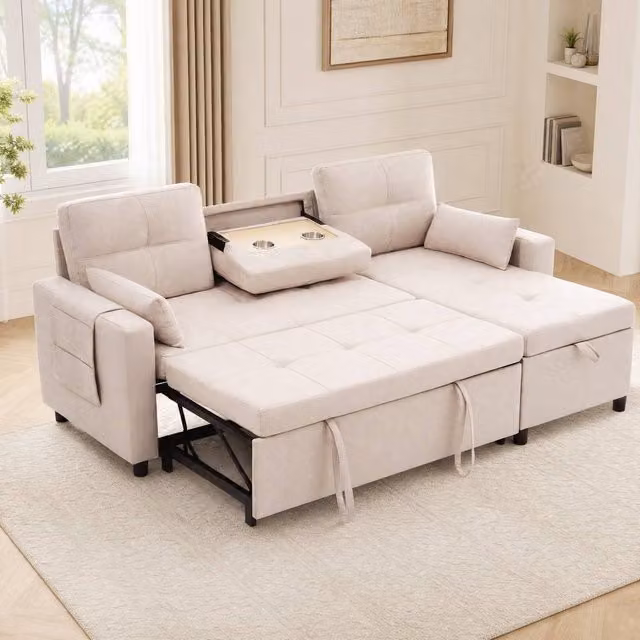 STILVORA Reversible L-Shaped Convertible Sofa Bed with Storage and Cup Holders in Beige