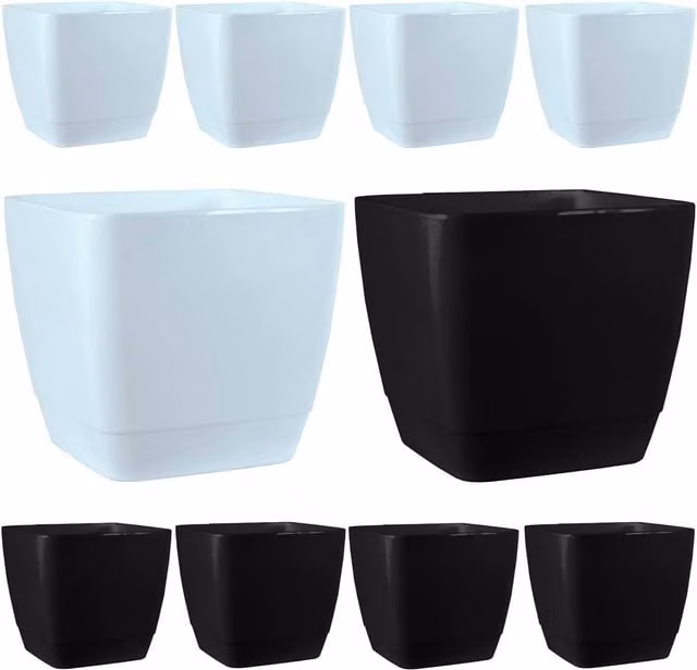 Simpa 10-Piece Set of Square Plastic Indoor Planter Pots in Black and White Assortment, H 15 cm x W 16 cm x D 16 cm – 1