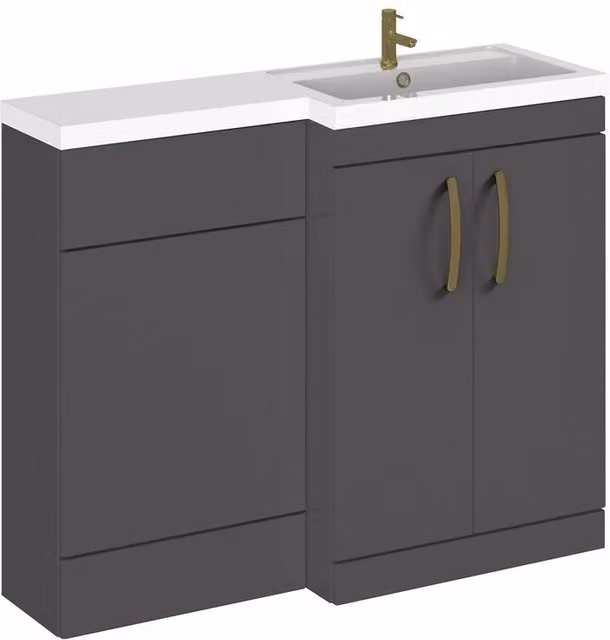 Balterley Modern Grey Freestanding Vanity Unit with Soft Close Doors and Brushed Brass Details, W: 110 cm – 1