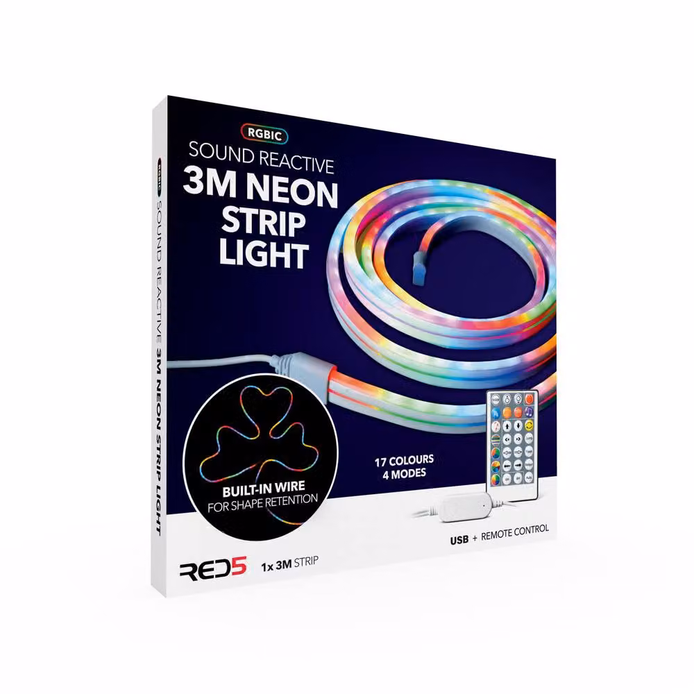 Menkind RED5 Neon RGBIC LED Adhesive Strip Light, Multicolour, 3 m – 3