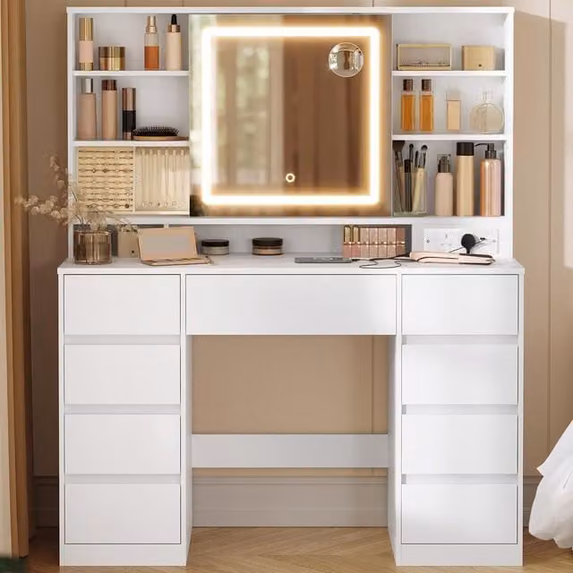VASAGLE White Minimalist Dressing Table with Hollywood LED Mirror and Power Outlets
