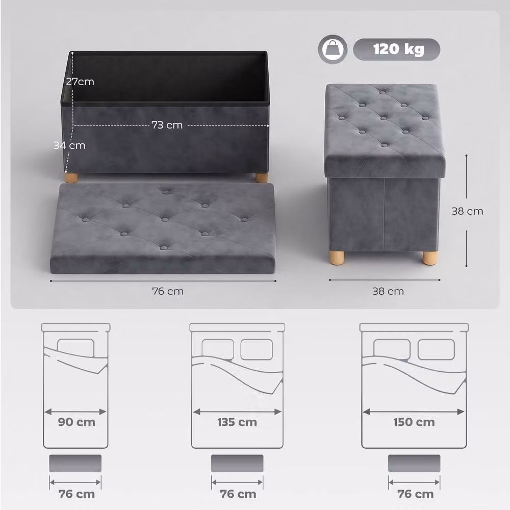 HOMCOM Grey Velvet Upholstered Foldable Storage Ottoman with Rubberwood Legs, W: 120 cm, D: 34 cm, H: 38 cm – 3