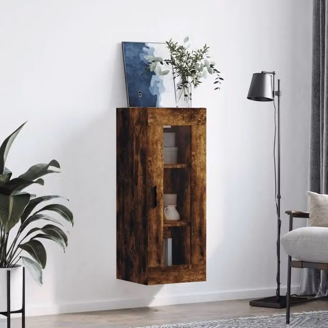 Berkfield Home Wall Mounted Smoked Oak Cabinet with Glass Doors in Brown, W/D/H: 34.5 x 34 x 90 cm