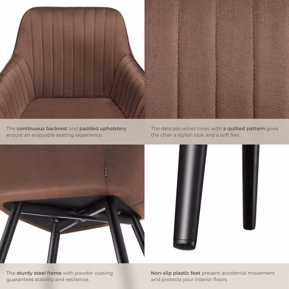 tectake Marilyn Set of 2 Velvet Dining Chairs with Armrests in Brown and Black – 5